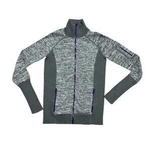 Women’s SKYR gray marled full zip mock neck rib trim cotton sweater size LARGE